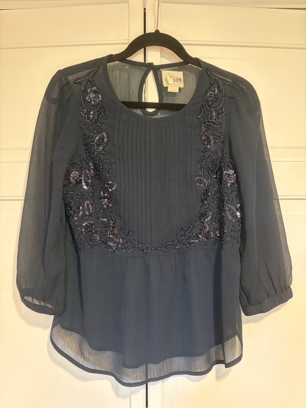 Anthropologie Navy Blue Beaded Floral Chiffon Blouse